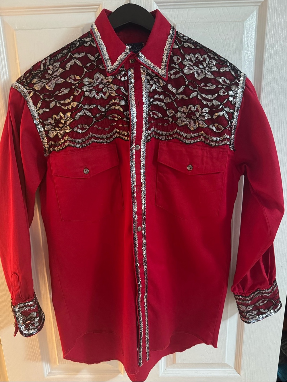 Vintage Wrangler Red Sequin Lace Yoke Western Button Down Shirt Sz 14.5